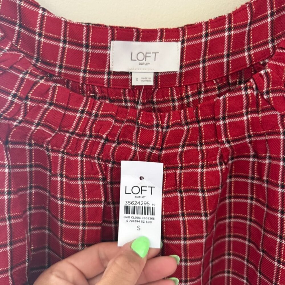 LOFT Red Black White Long Sleeve Plaid Blouse Womens Small Office Holiday Winter - Picture 4 of 4